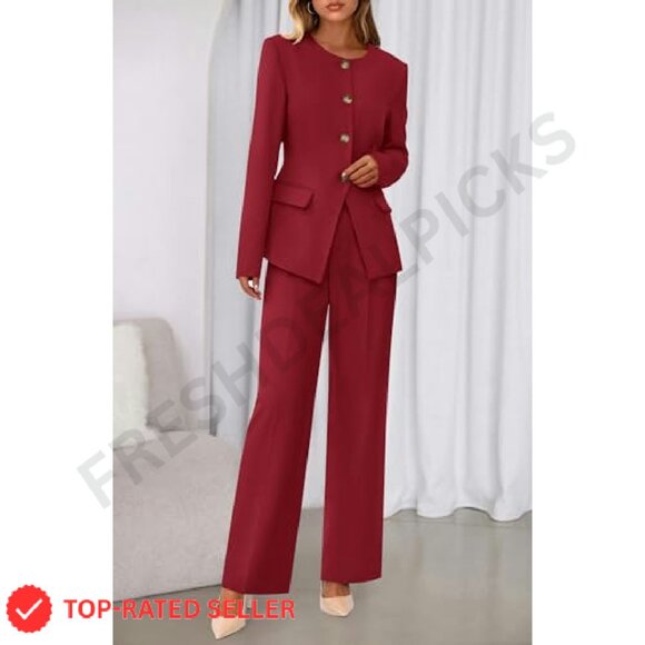 Long Sleeve Blazer Wide Leg Pant Suit Set Business Casual Elegant Minimal - Picture 4 of 8